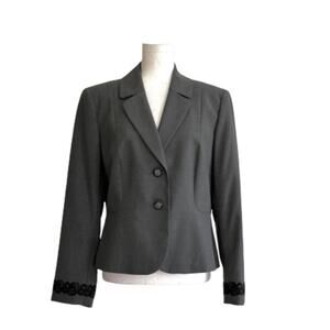 Tahari ASL Blazer Jacket Petite Charcoal Gray Black Lace Trim Career Size 12P